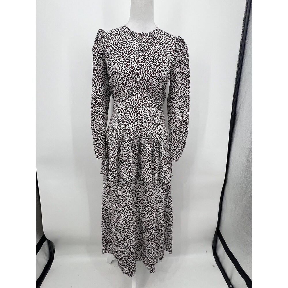 ALC 100% Silk Animal Print Midi Dress Sz 6 Puff Sleeve Tiered Modest Romantic